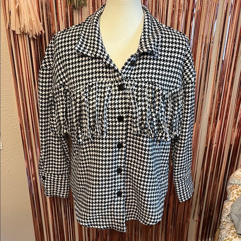 Western Fringe Black and White Houndstooth Button Down Jacket Shirt
